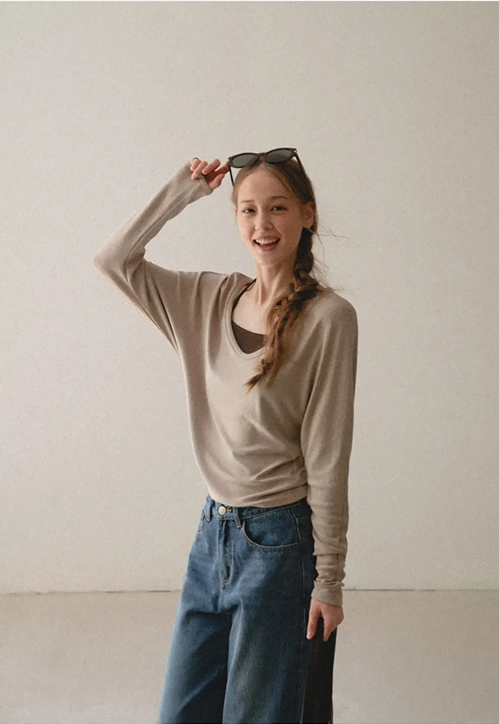 V Neck Long Sleeve Lightweight Knit T Shirt