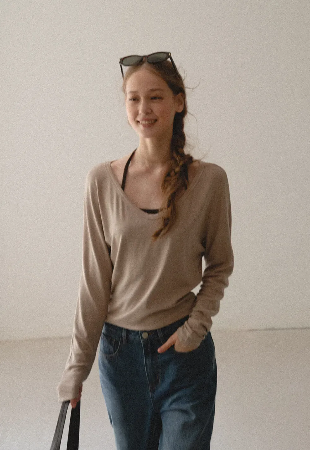 V Neck Long Sleeve Lightweight Knit T Shirt