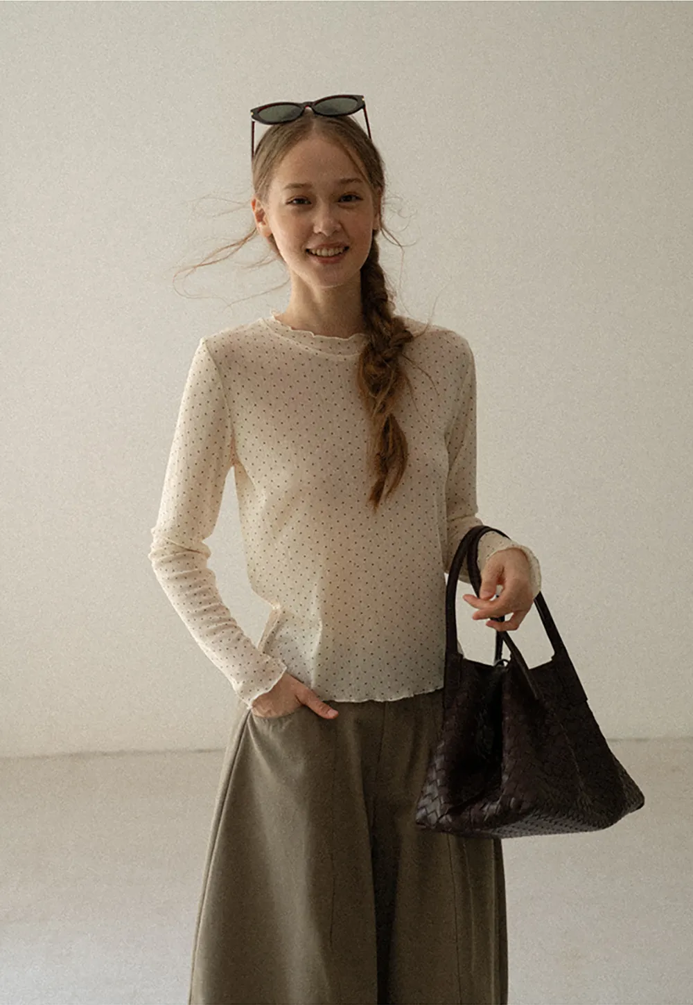 Polka Dot Sheer Long Sleeve Cropped Top