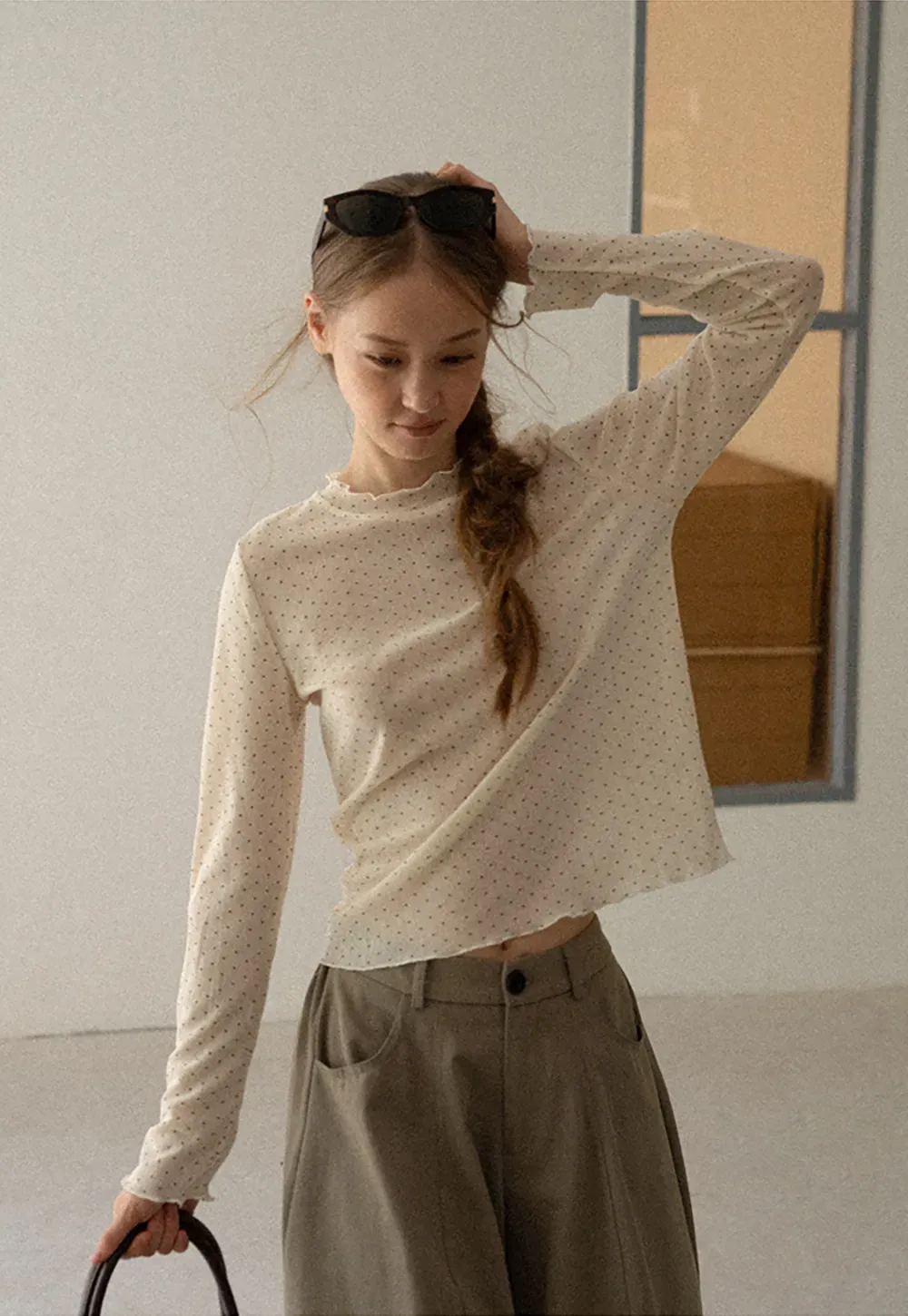 Polka Dot Sheer Long Sleeve Cropped Top