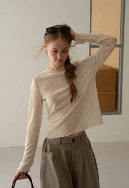 Polka Dot Sheer Long Sleeve Cropped Top