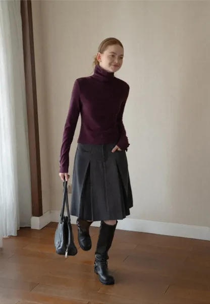 High Neck Long Sleeve Ribbed Knit Top