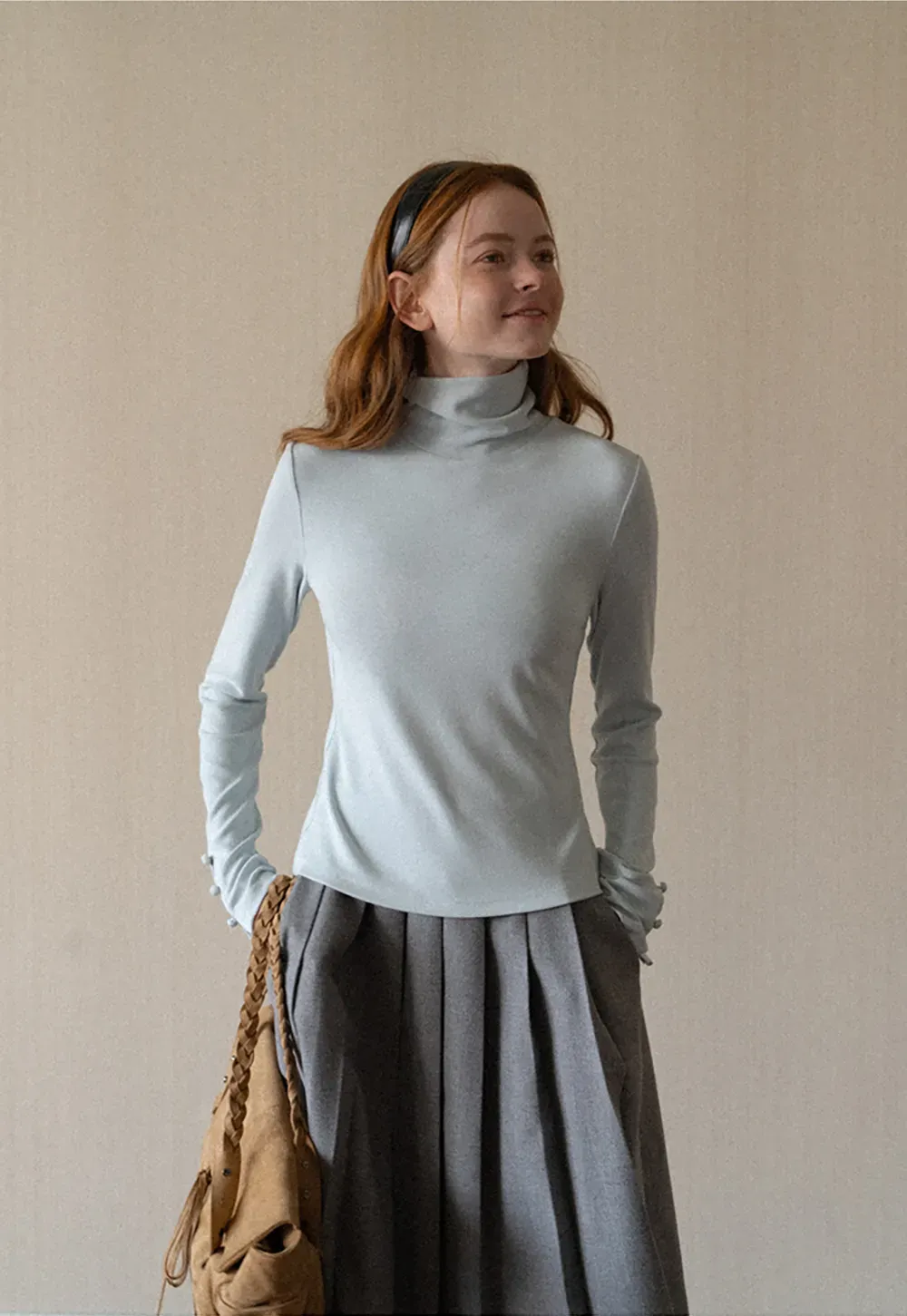 High Neck Long Sleeve Ribbed Knit Top