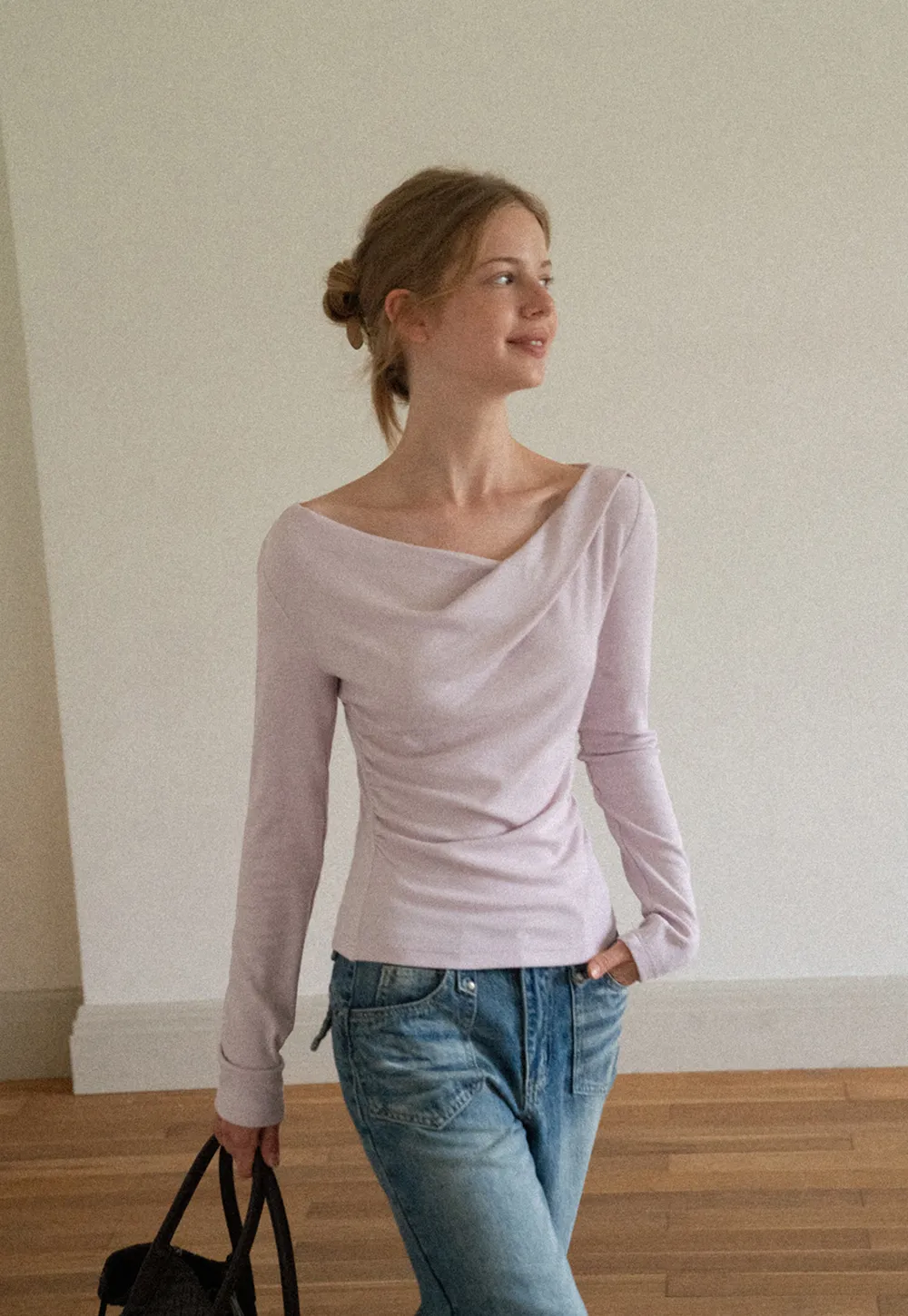 Asymmetrical Draped Neck Long Sleeve T Shirt