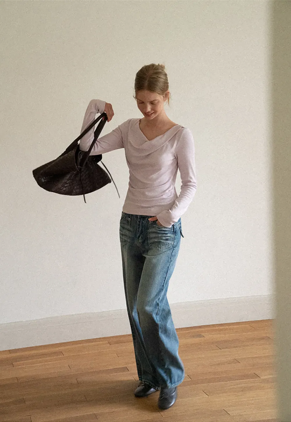 Asymmetrical Draped Neck Long Sleeve T Shirt