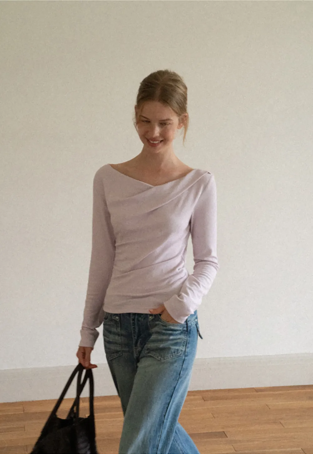 Asymmetrical Draped Neck Long Sleeve T Shirt