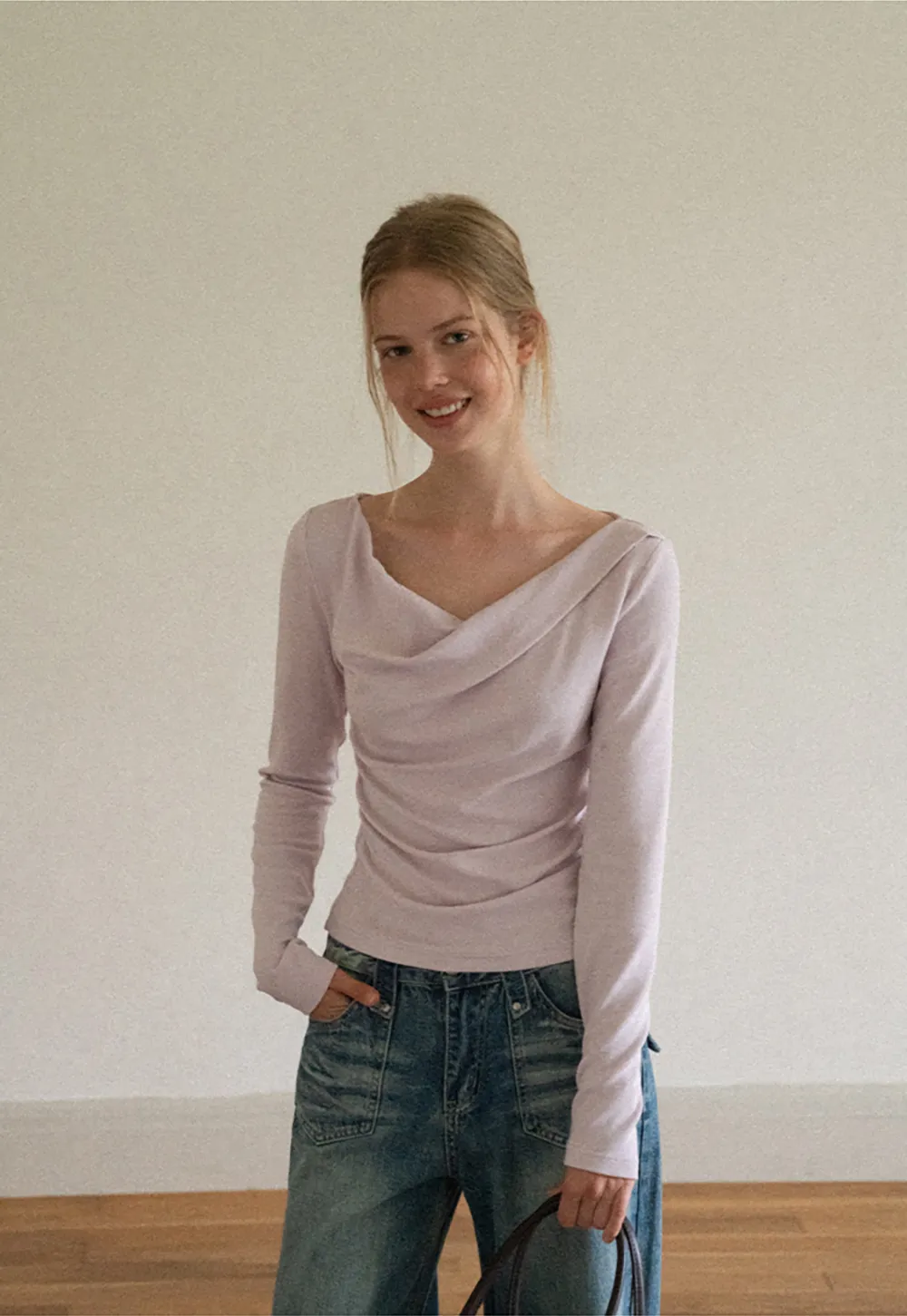 Asymmetrical Draped Neck Long Sleeve T Shirt