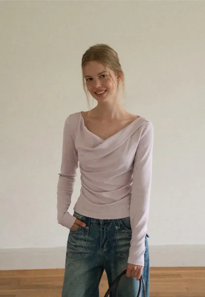 Asymmetrical Draped Neck Long Sleeve T Shirt