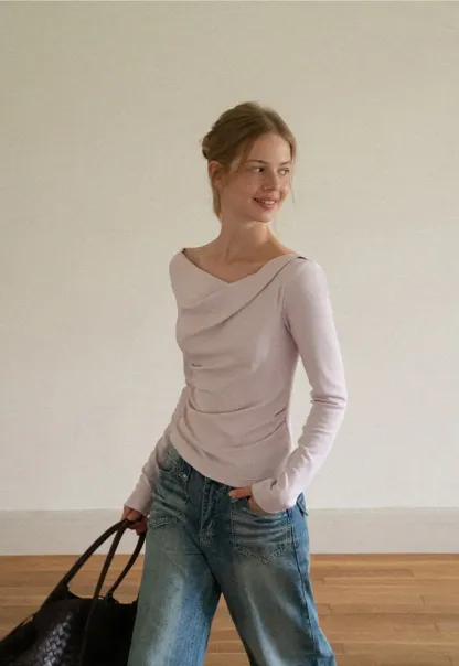 Asymmetrical Draped Neck Long Sleeve T Shirt