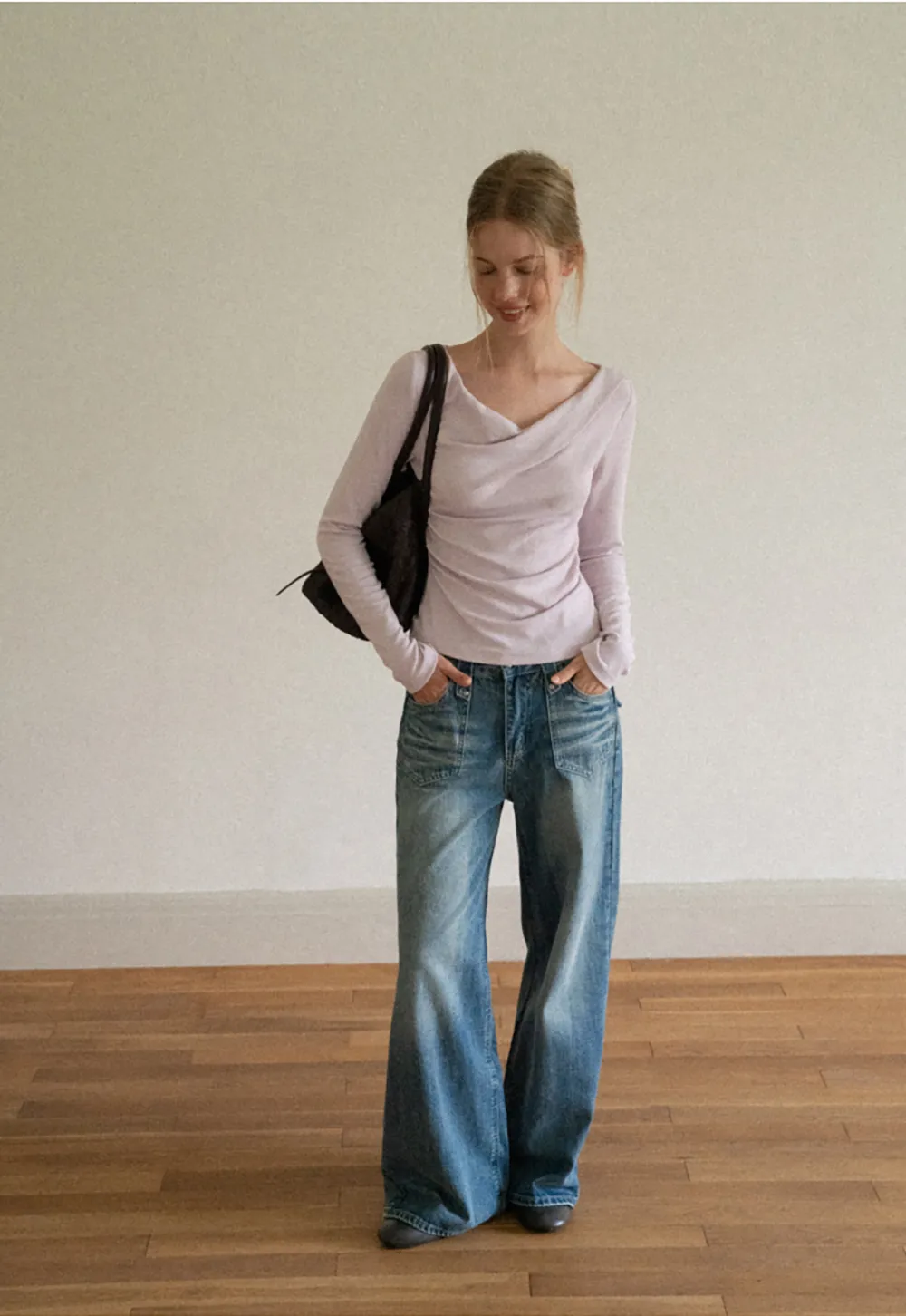 Asymmetrical Draped Neck Long Sleeve T Shirt
