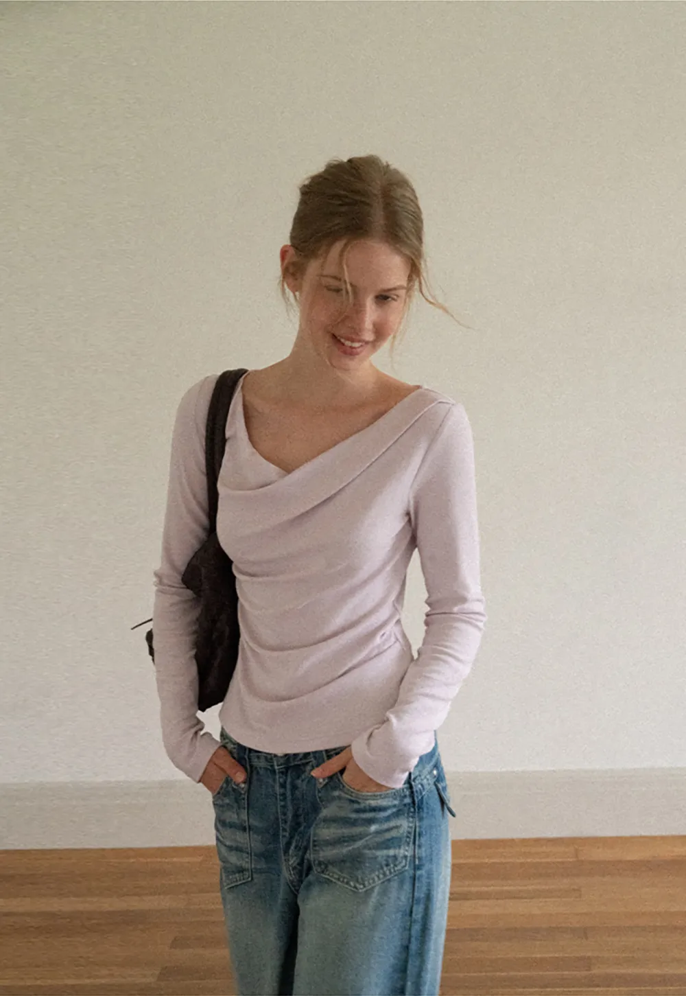 Asymmetrical Draped Neck Long Sleeve T Shirt