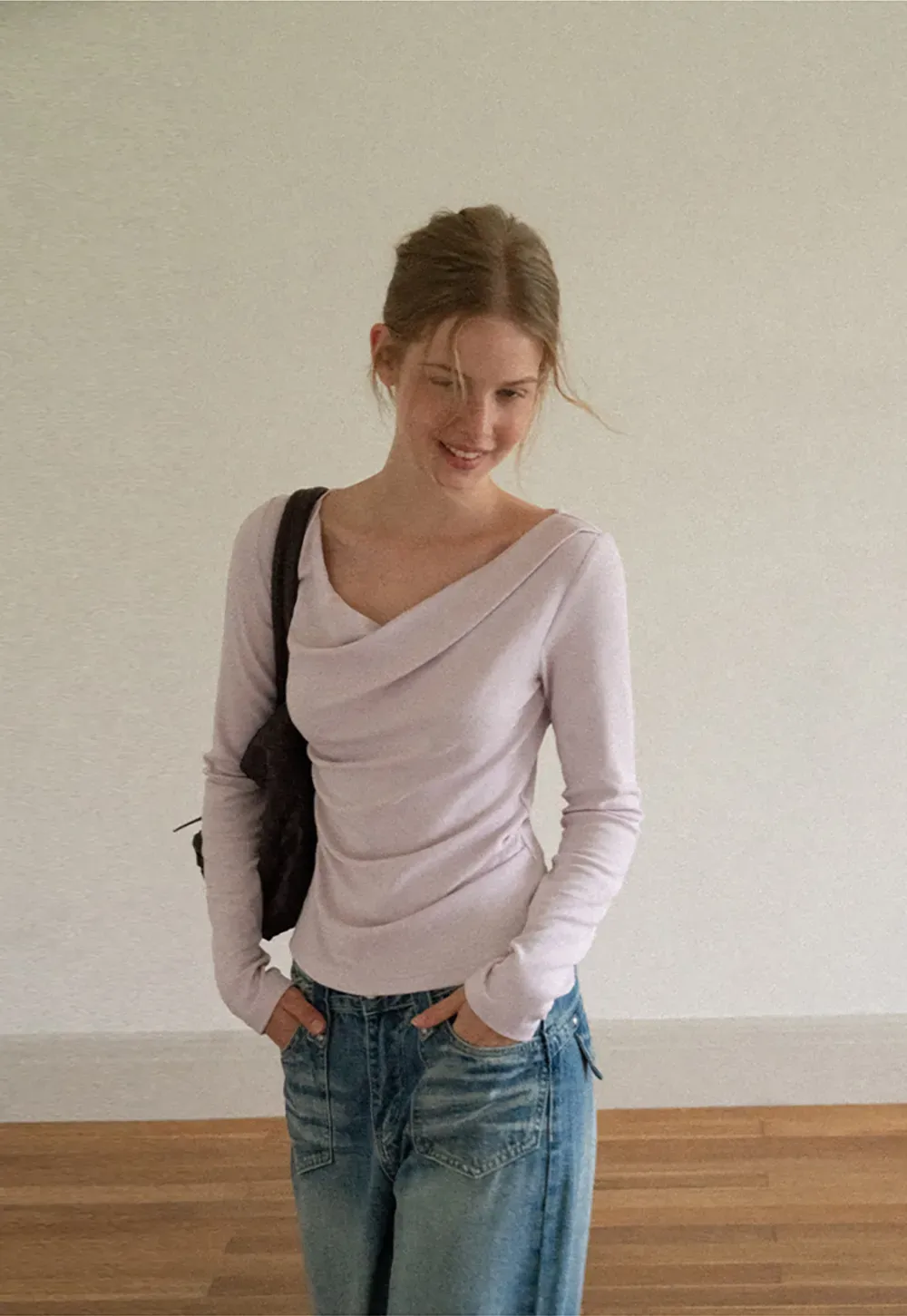 Asymmetrical Draped Neck Long Sleeve T Shirt