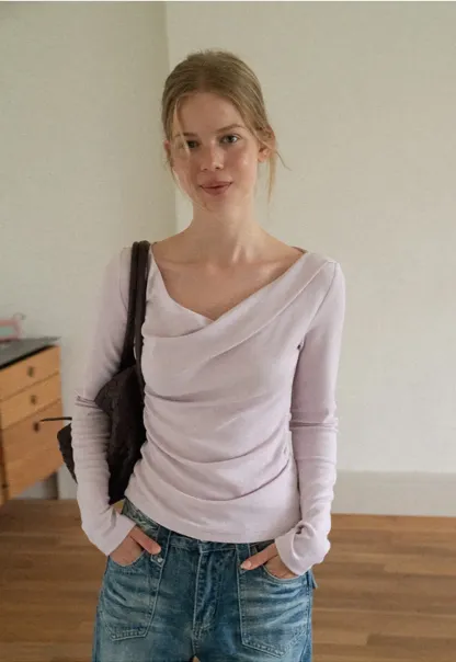 Asymmetrical Draped Neck Long Sleeve T Shirt