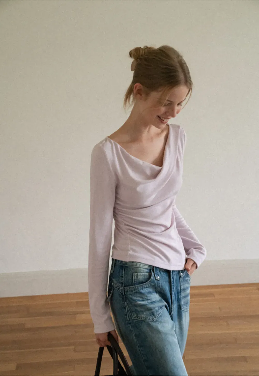 Asymmetrical Draped Neck Long Sleeve T Shirt