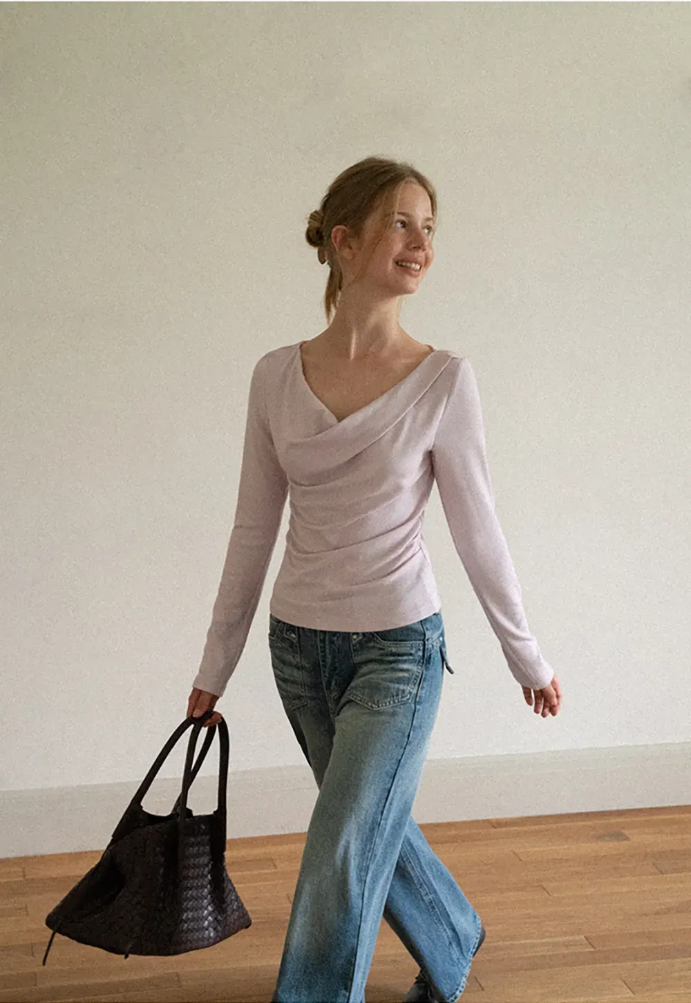Asymmetrical Draped Neck Long Sleeve T Shirt