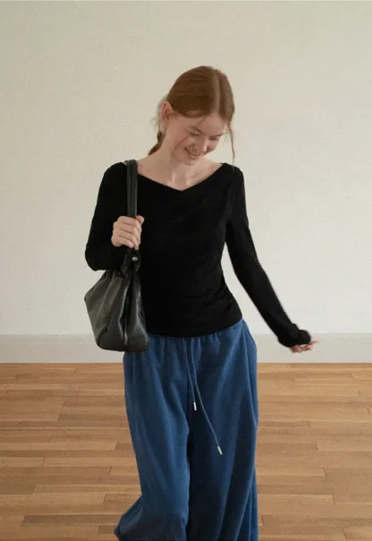 Asymmetrical Draped Neck Long Sleeve T Shirt