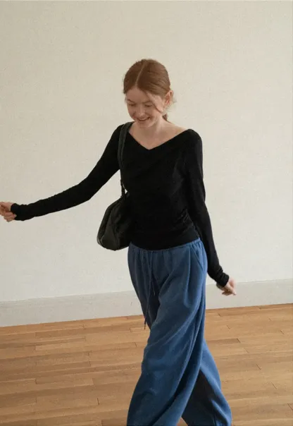 Asymmetrical Draped Neck Long Sleeve T Shirt