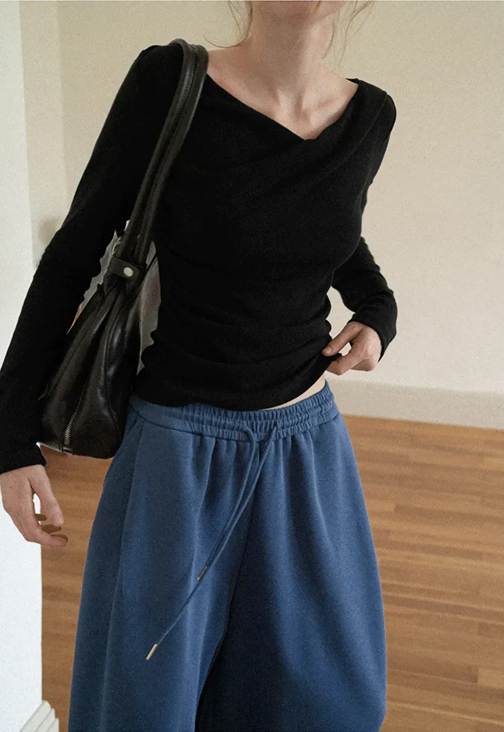 Asymmetrical Draped Neck Long Sleeve T Shirt