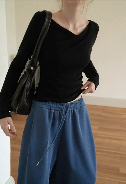 Asymmetrical Draped Neck Long Sleeve T Shirt