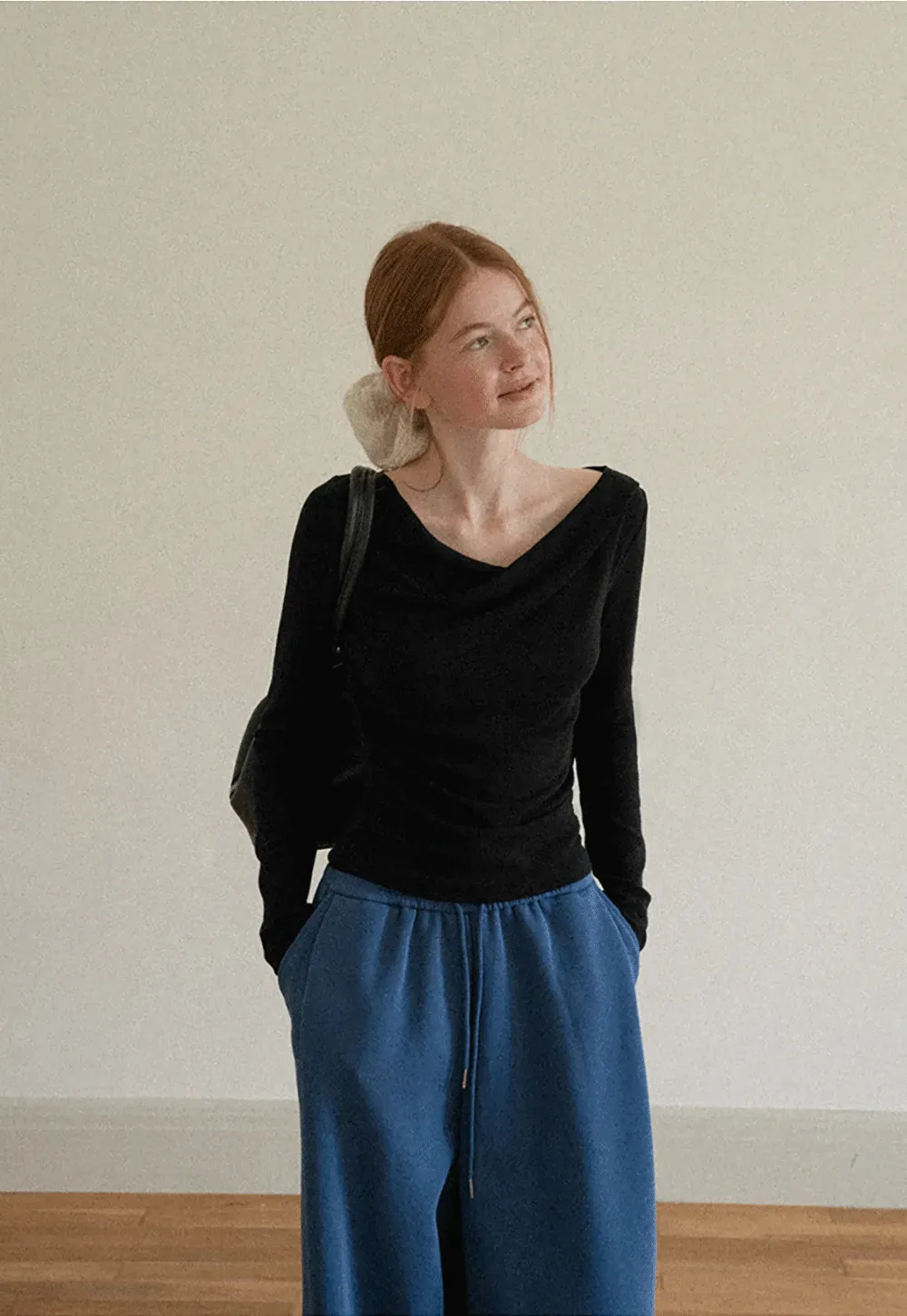 Asymmetrical Draped Neck Long Sleeve T Shirt