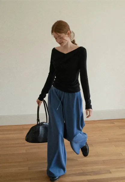 Asymmetrical Draped Neck Long Sleeve T Shirt