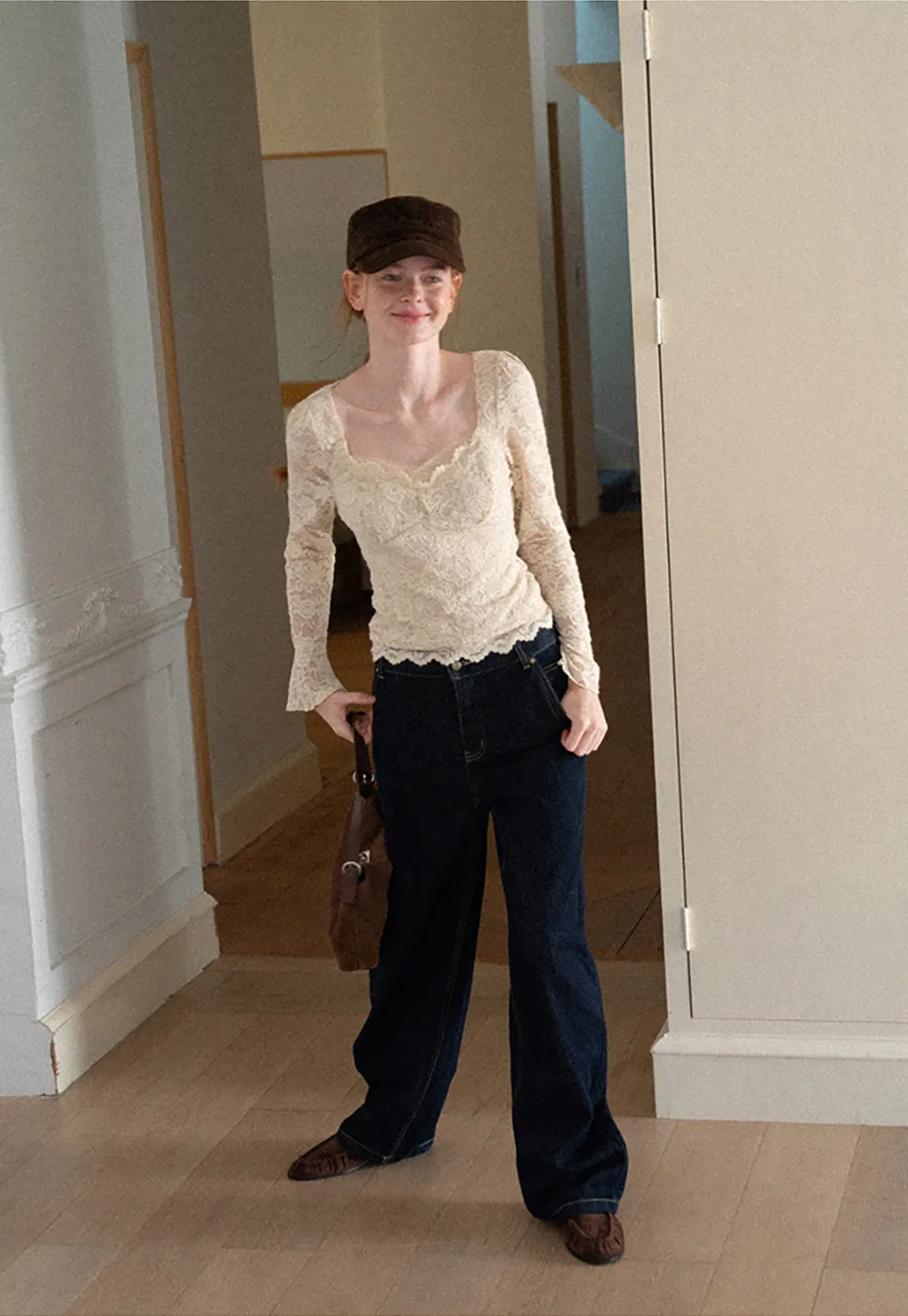 Lace Long Sleeve Square Neck Top