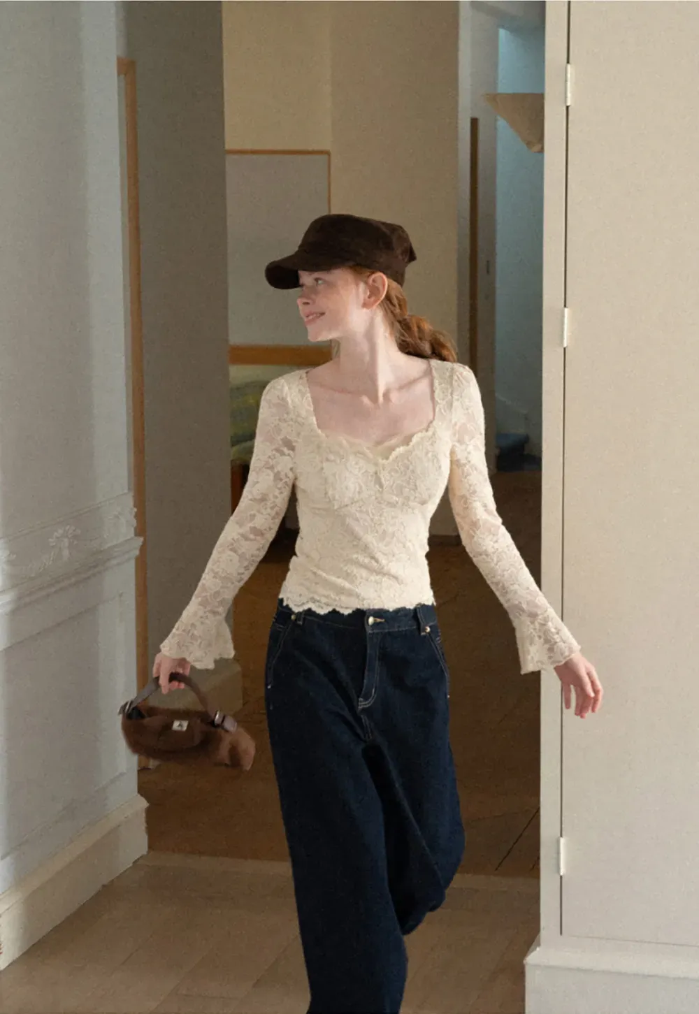 Lace Long Sleeve Square Neck Top