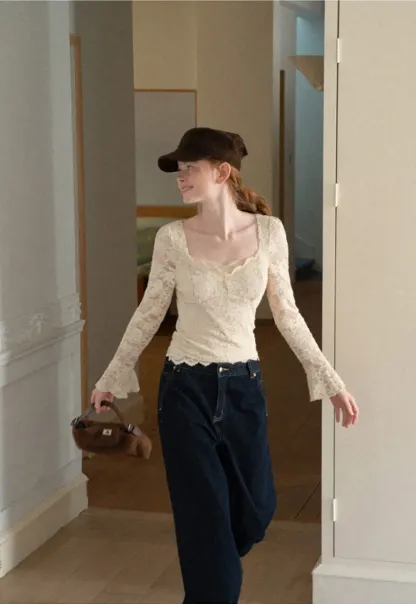 Lace Long Sleeve Square Neck Top