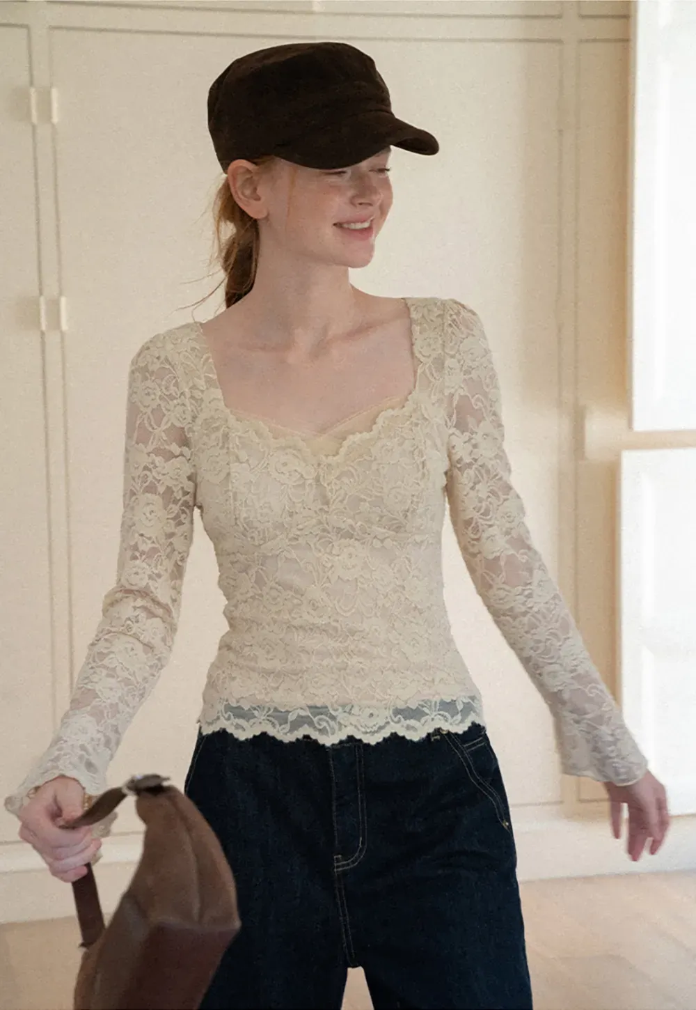 Lace Long Sleeve Square Neck Top
