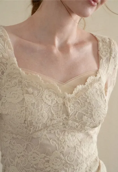 Lace Long Sleeve Square Neck Top