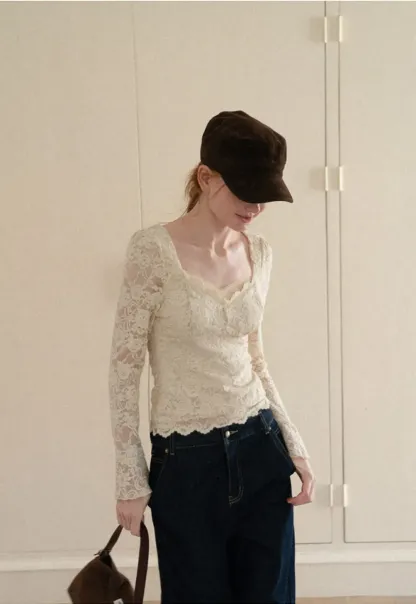 Lace Long Sleeve Square Neck Top