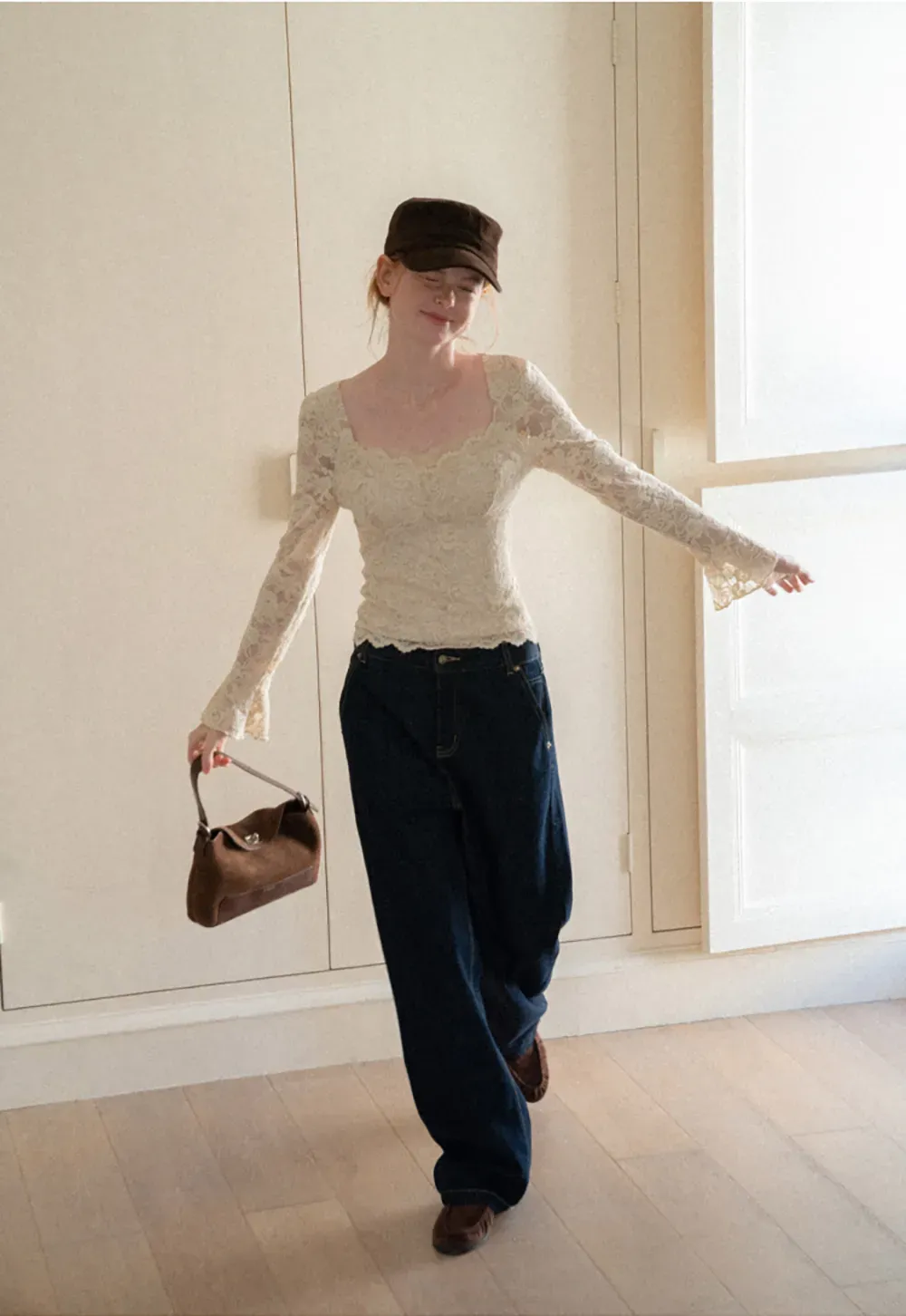 Lace Long Sleeve Square Neck Top