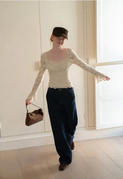 Lace Long Sleeve Square Neck Top