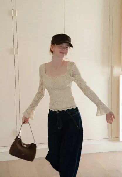 Lace Long Sleeve Square Neck Top