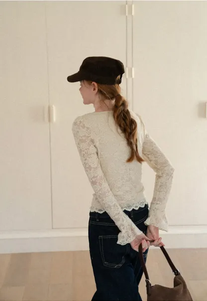 Lace Long Sleeve Square Neck Top