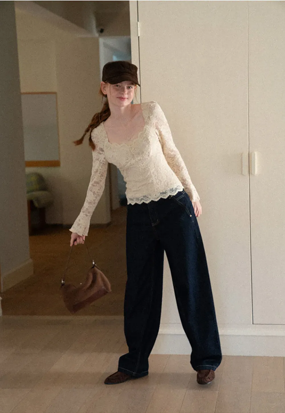 Lace Long Sleeve Square Neck Top
