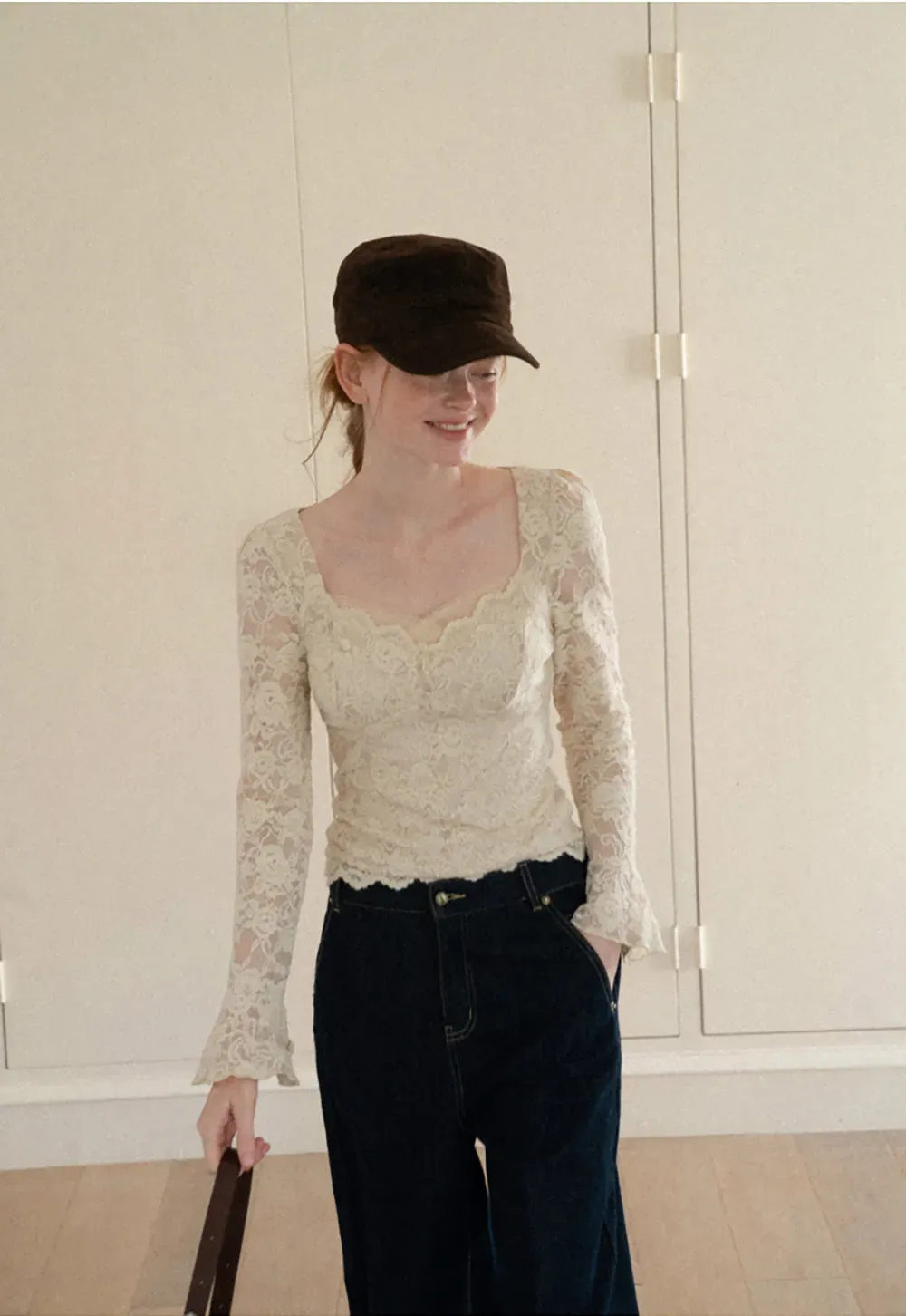 Lace Long Sleeve Square Neck Top