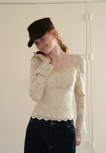 Lace Long Sleeve Square Neck Top