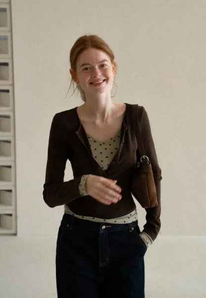 Polka Dot Print V Neck Long Sleeve T Shirt