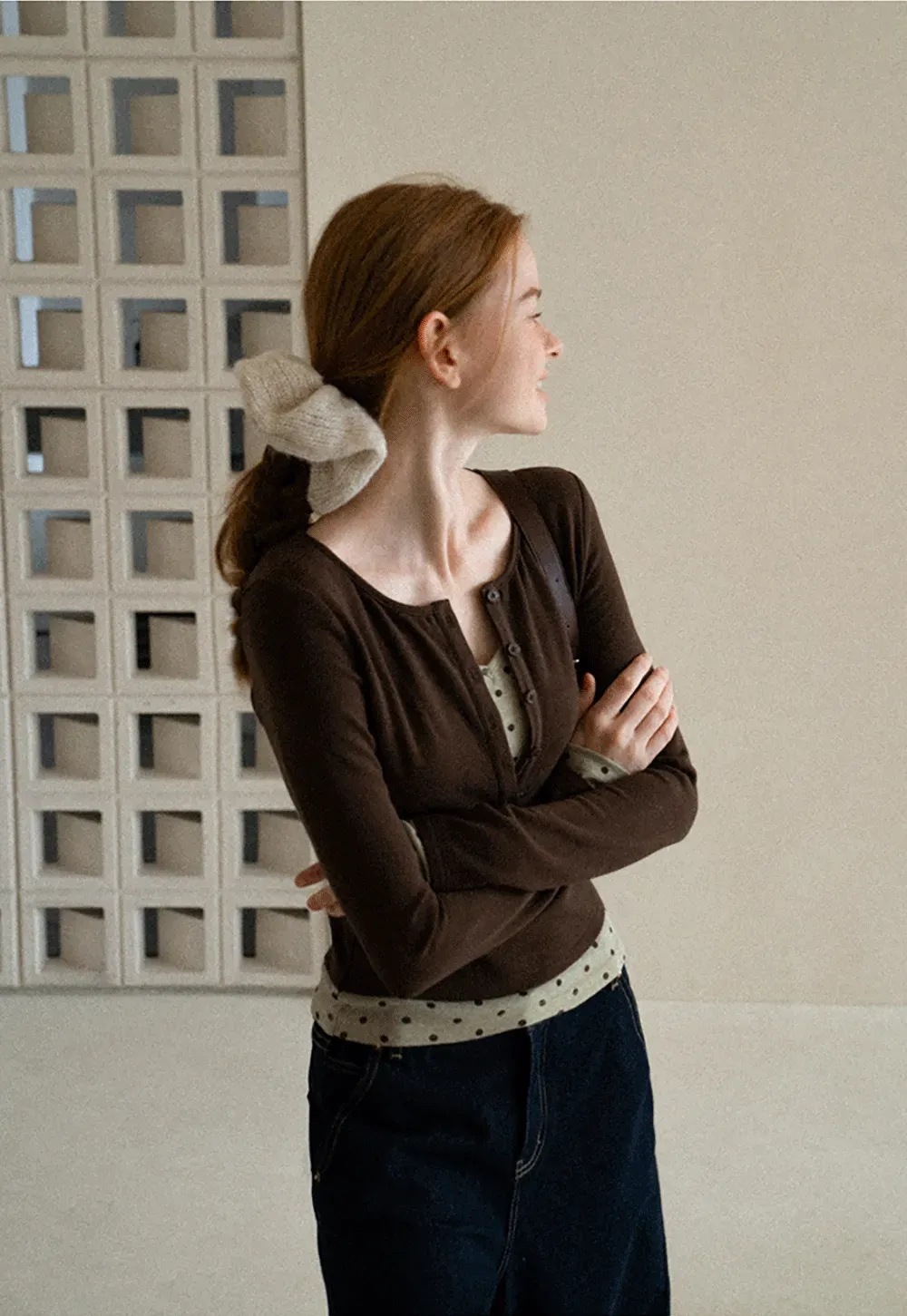 Polka Dot Print V Neck Long Sleeve T Shirt