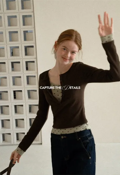 Polka Dot Print V Neck Long Sleeve T Shirt