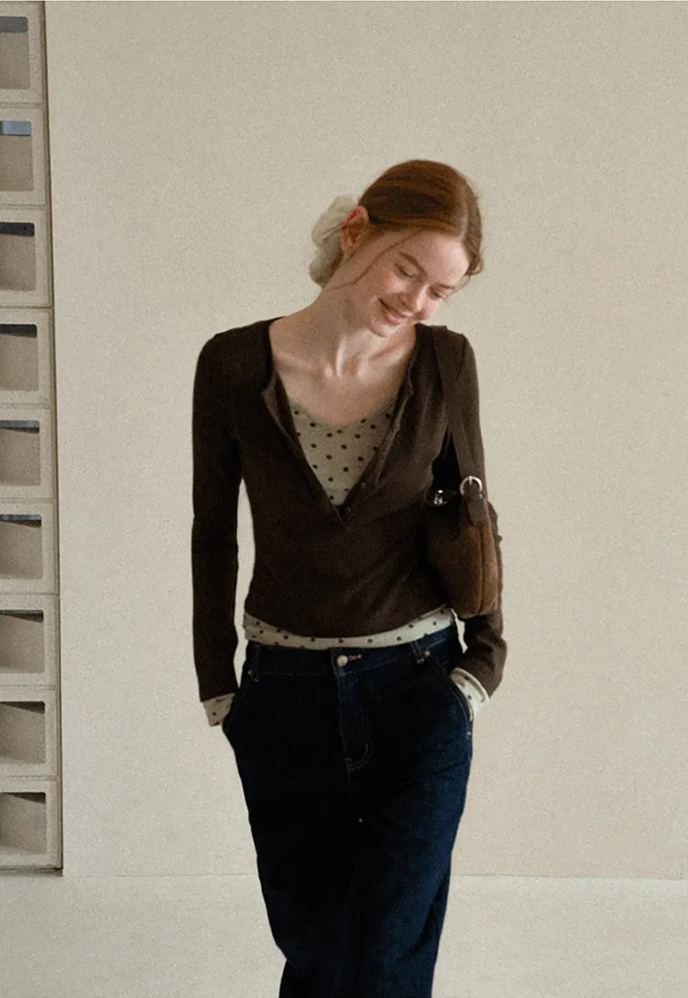 Polka Dot Print V Neck Long Sleeve T Shirt