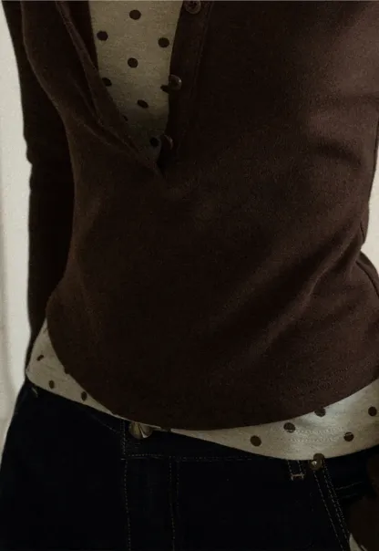 Polka Dot Print V Neck Long Sleeve T Shirt