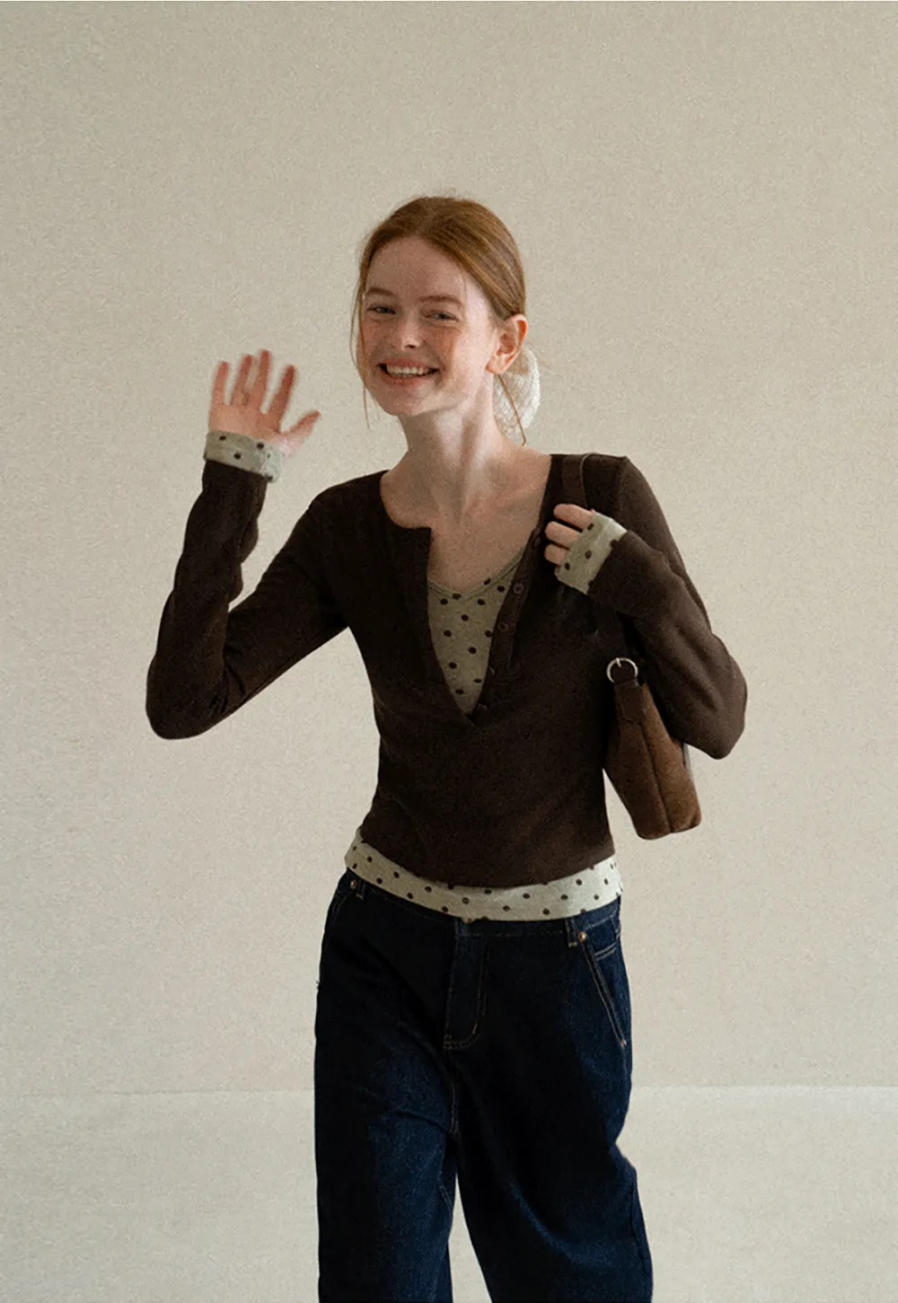 Polka Dot Print V Neck Long Sleeve T Shirt