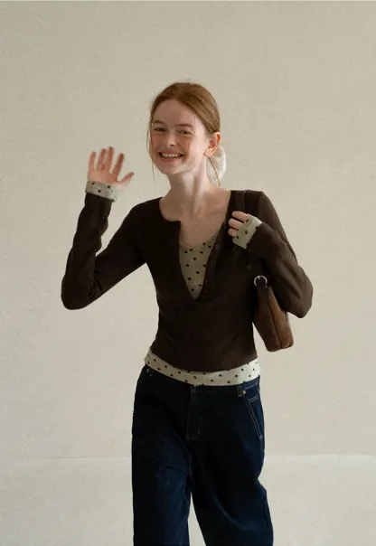 Polka Dot Print V Neck Long Sleeve T Shirt
