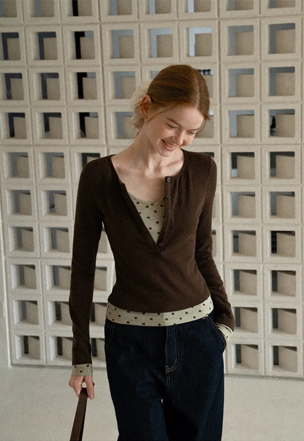 Polka Dot Print V Neck Long Sleeve T Shirt
