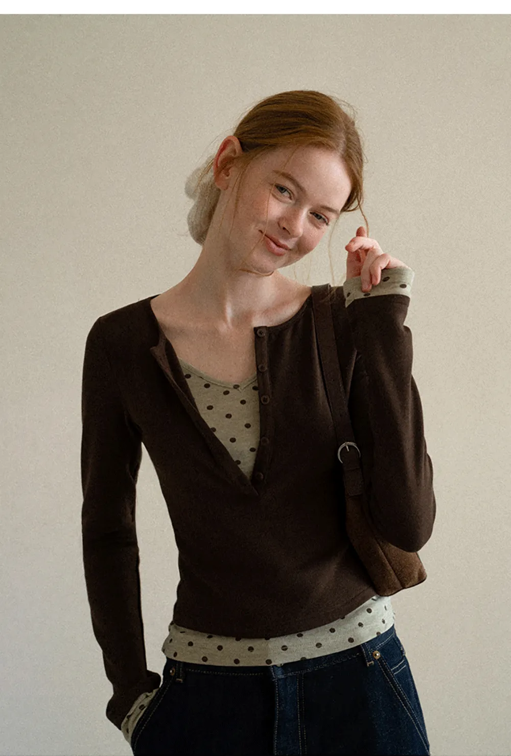 Polka Dot Print V Neck Long Sleeve T Shirt