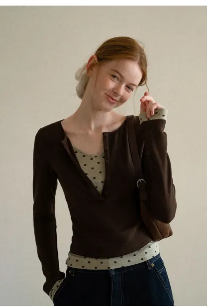 Polka Dot Print V Neck Long Sleeve T Shirt