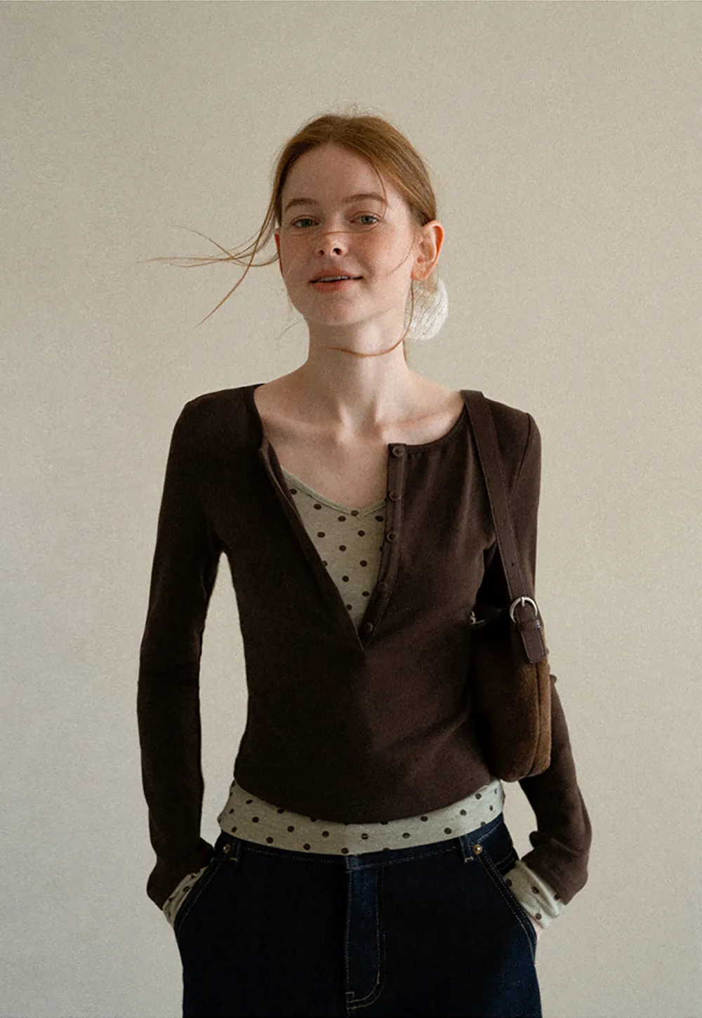 Polka Dot Print V Neck Long Sleeve T Shirt