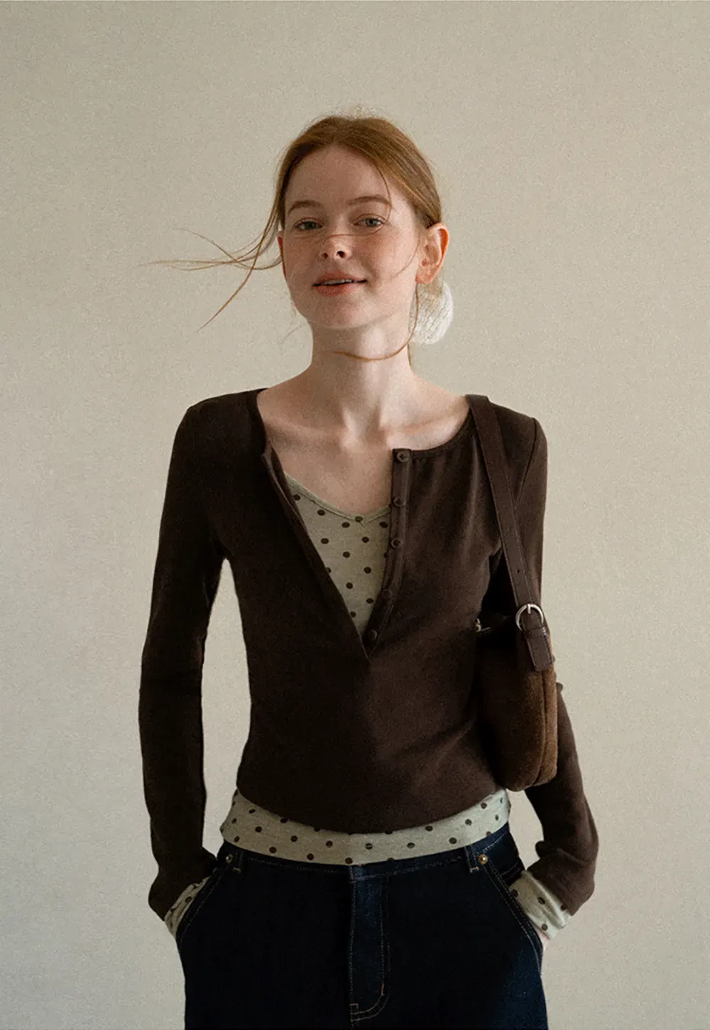 Polka Dot Print V Neck Long Sleeve T Shirt